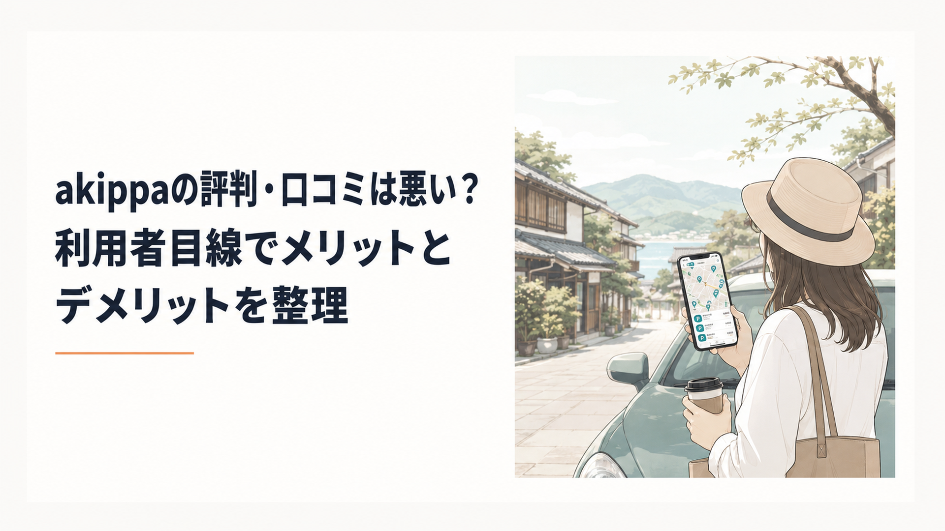 スマートフォンでakippaの駐車場情報と地図を確認しながらドライブ旅行の計画を立てるイメージ