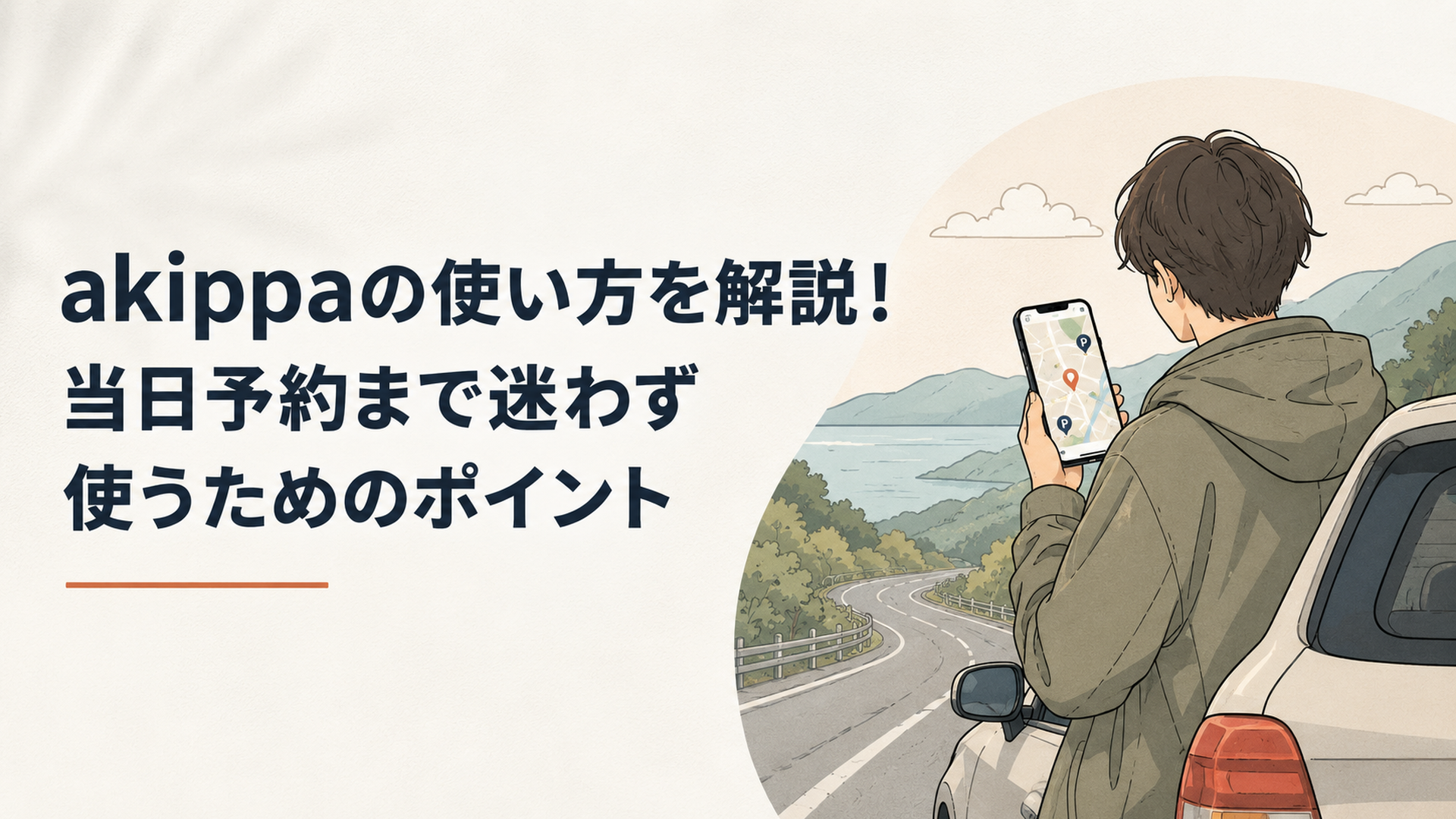スマートフォンで目的地周辺の予約駐車場を検索しドライブの予定を立てているイメージ