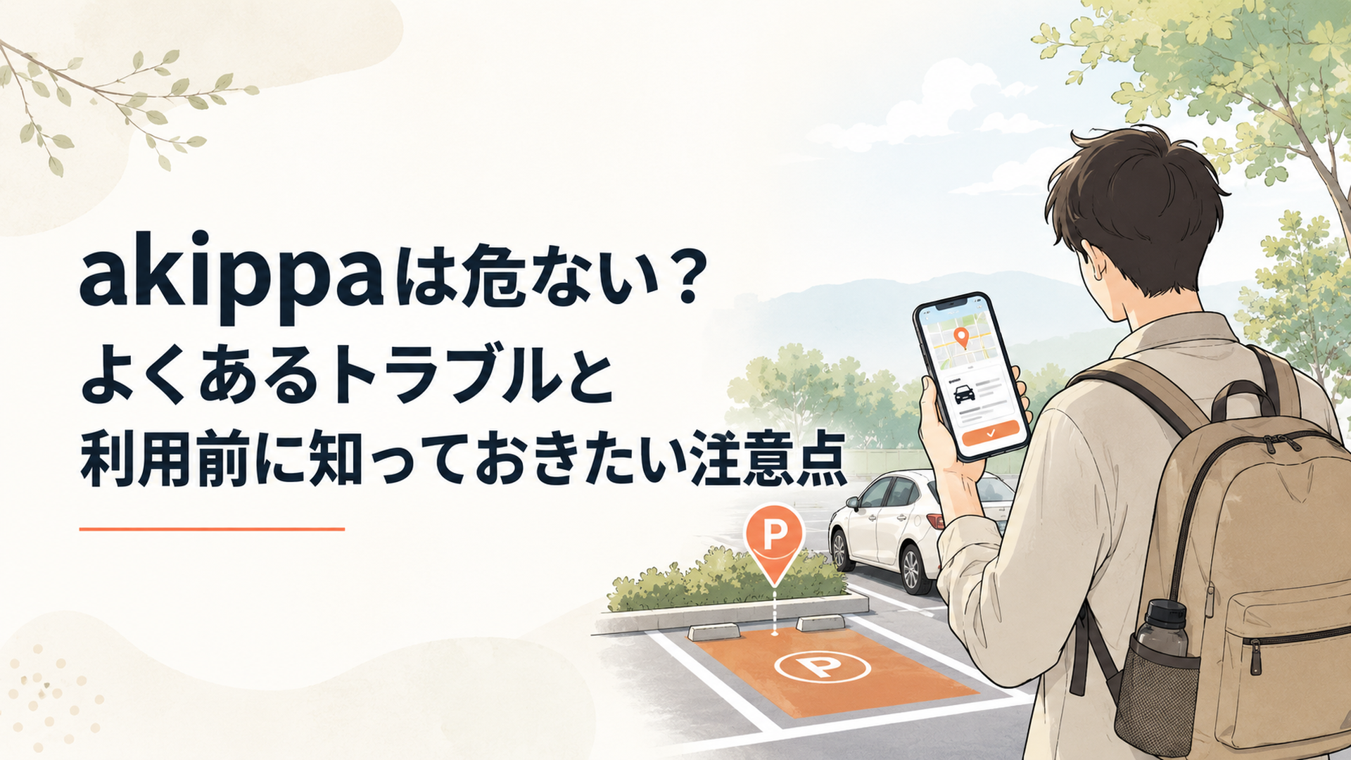 スマートフォンでakippaの予約画面と駐車場所を確認する旅行者のイメージ