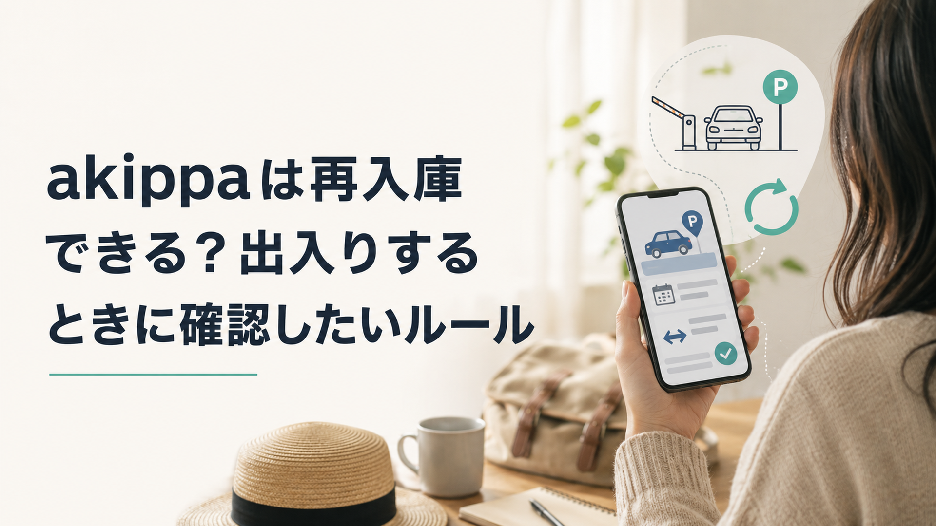スマートフォンでakippa駐車場予約ページの再入庫条件を確認する旅行前の様子