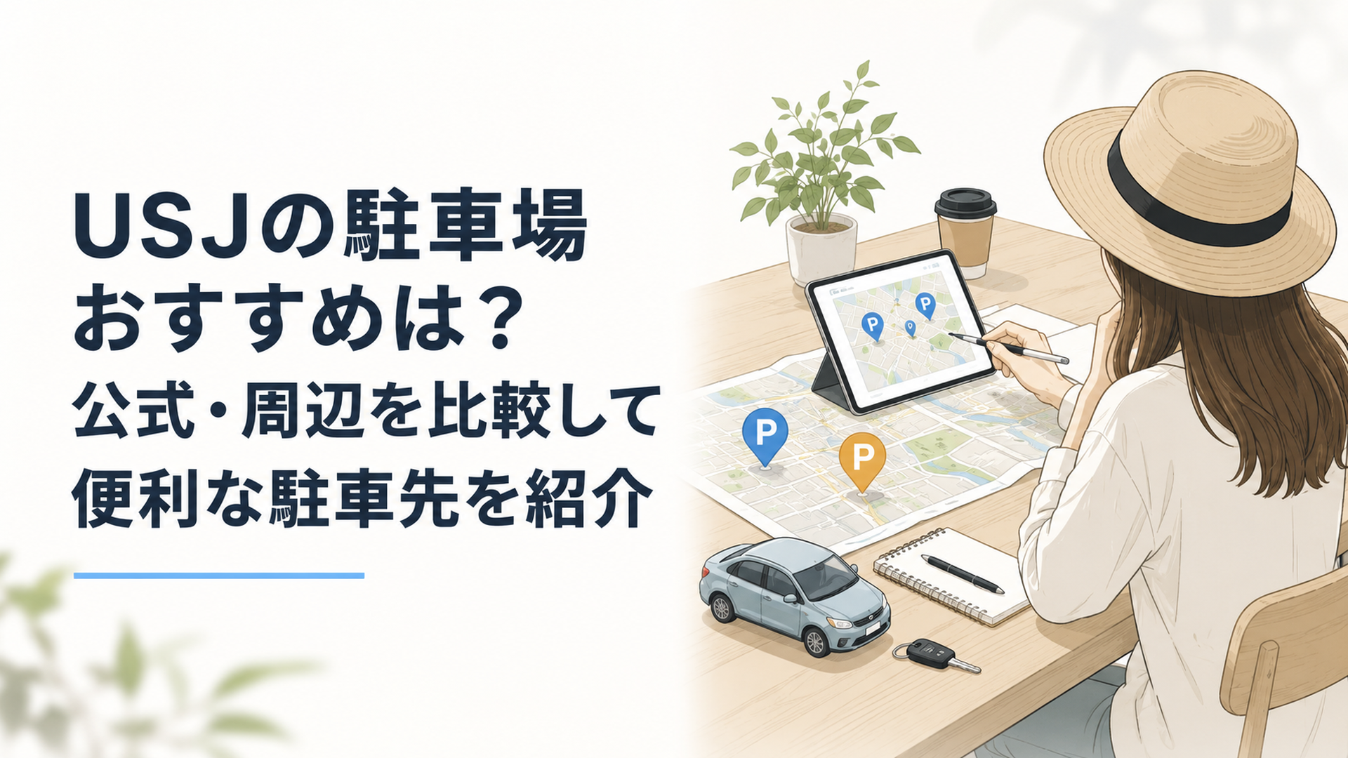 USJへ車で向かう旅行者が公式駐車場や周辺駐車場を比較している旅行準備の風景