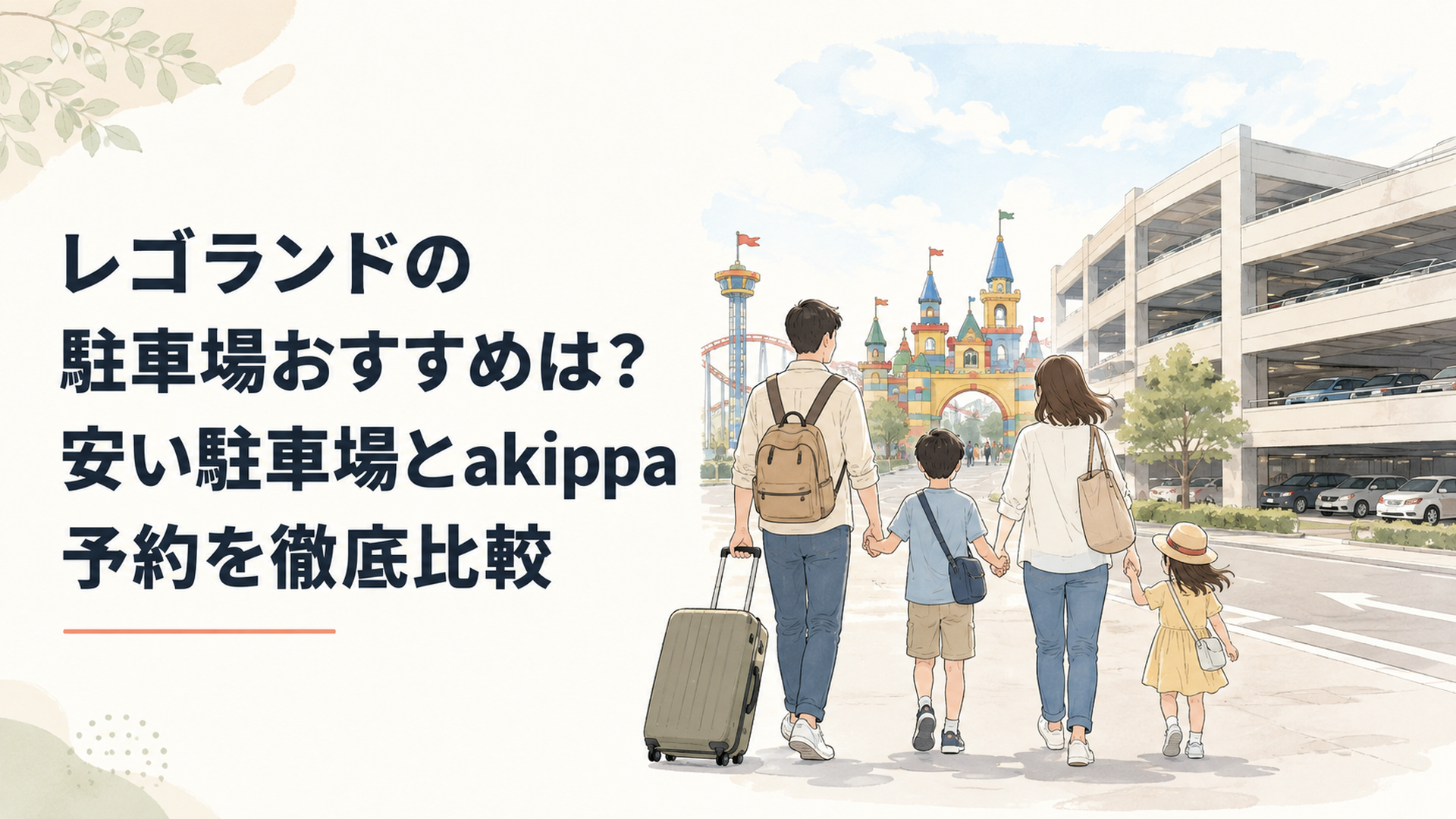 レゴランドへ向かう家族と金城ふ頭駐車場の外観風景