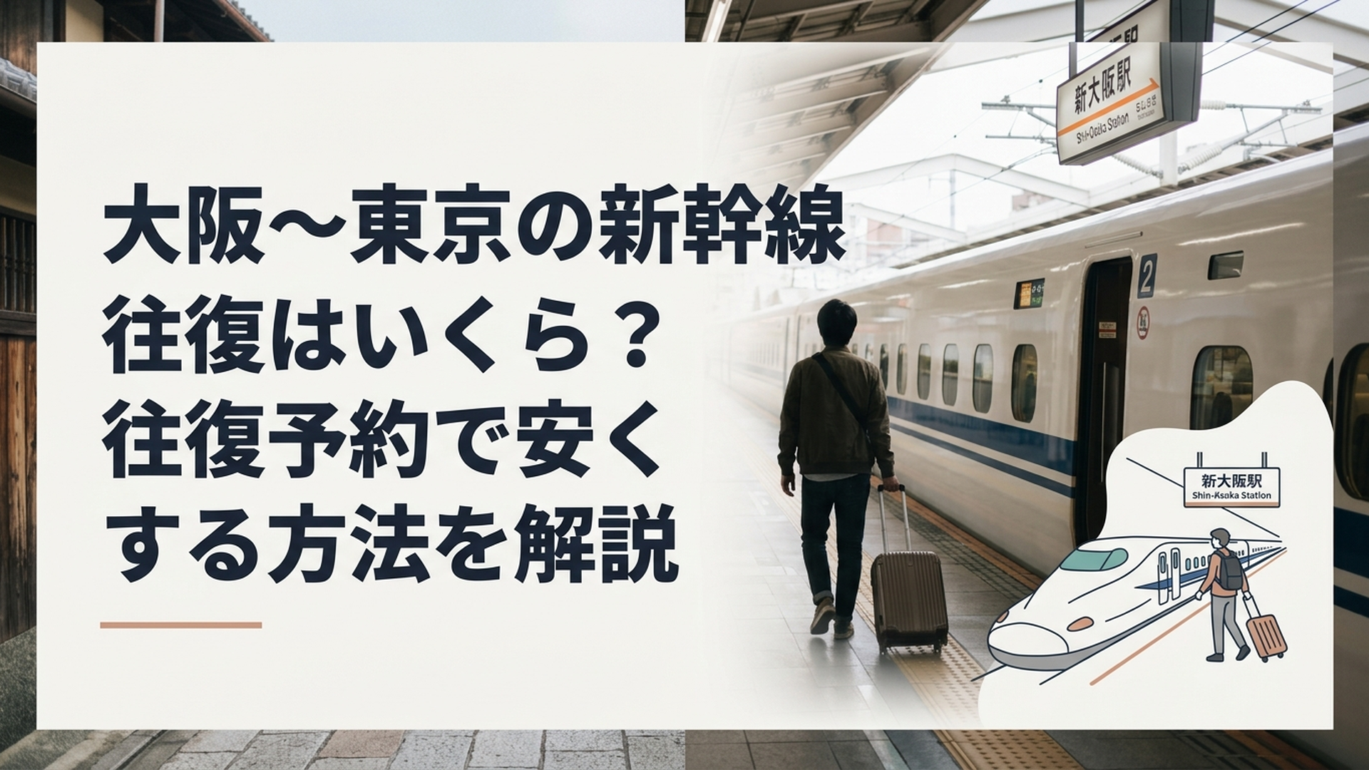 新大阪駅のホームに停車する新幹線と、スーツケースを持って乗車する旅行者の様子
