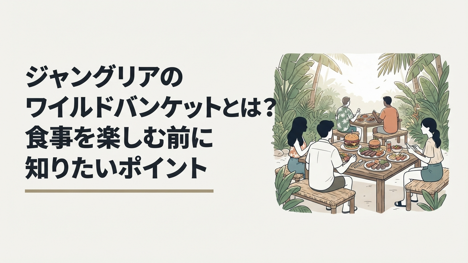 南国の植物に囲まれたワイルドバンケットで黒毛和牛バーガーやグリル料理を楽しむ旅行者