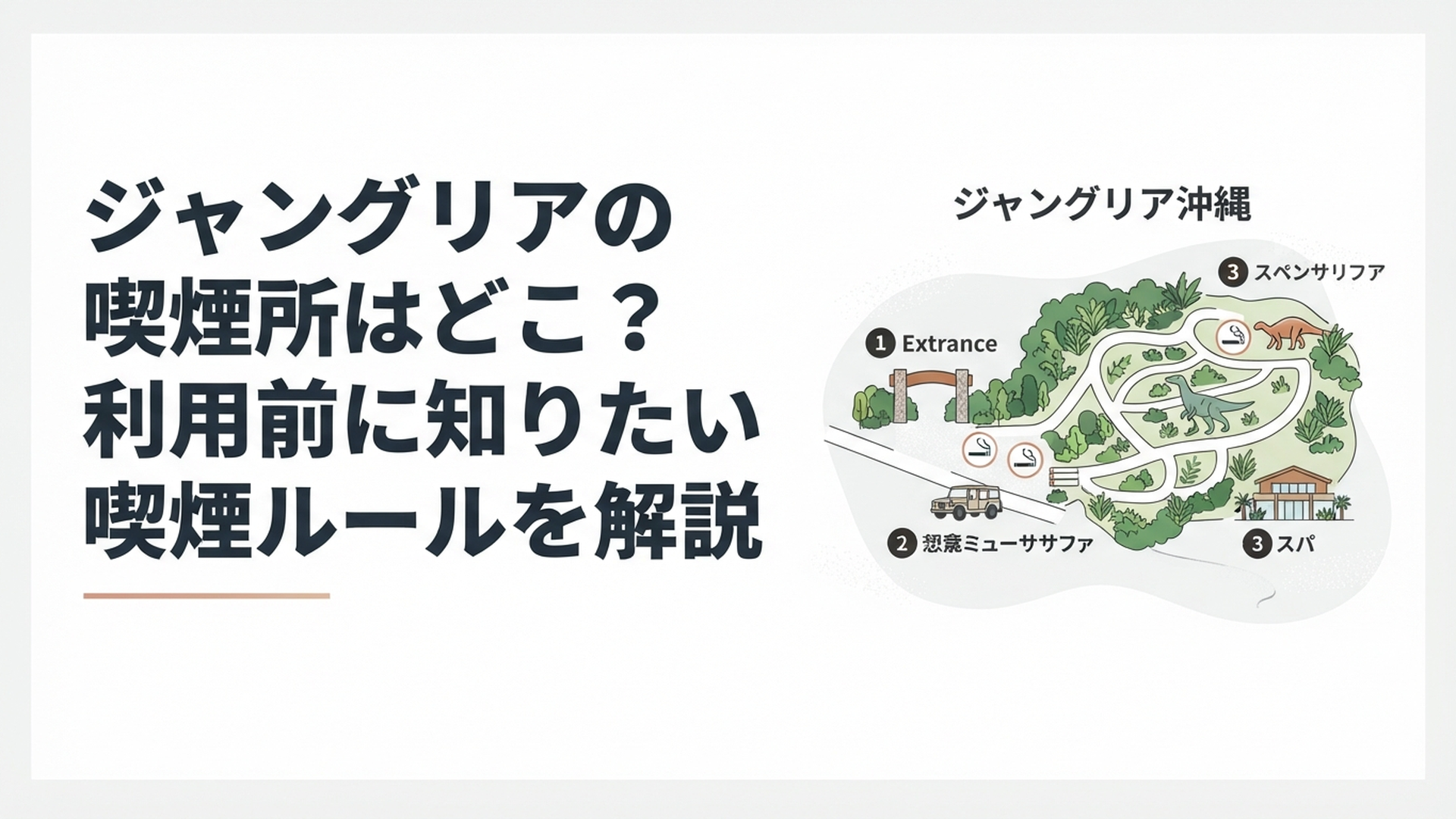 ジャングリア沖縄のエントランス、ダイナソーサファリ、スパの3地点に喫煙所を示した旅行ガイド風マップ