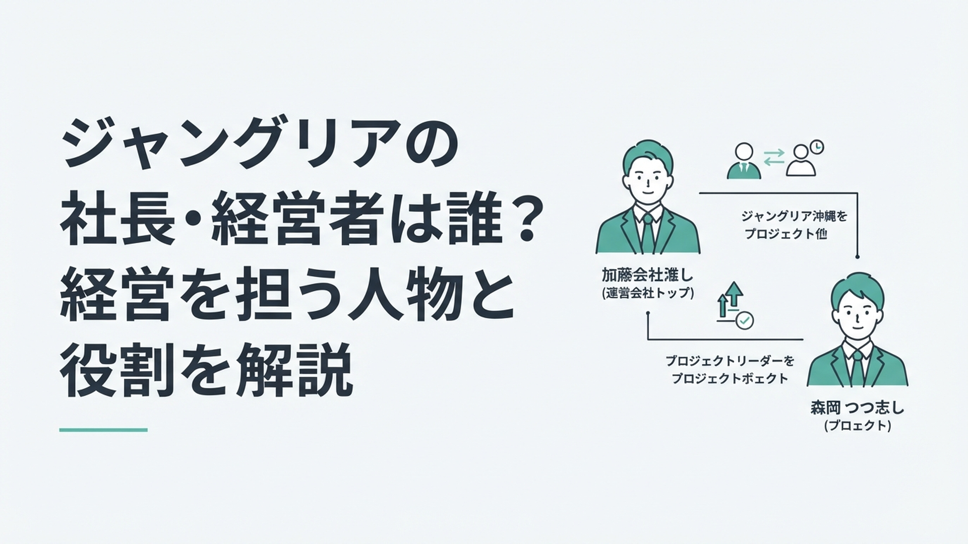 ジャングリア沖縄の運営会社トップ加藤健史とプロジェクトを推進する森岡毅の役割を分かりやすく整理したイメージ
