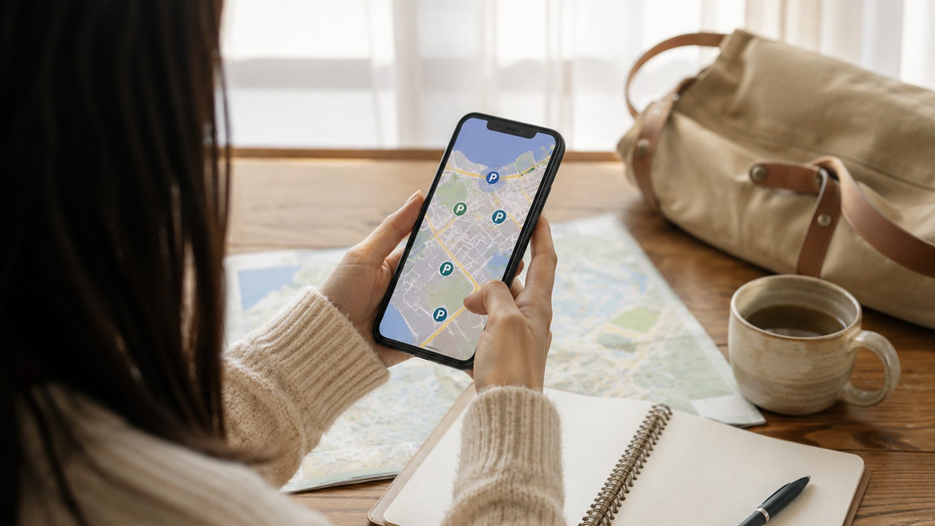 スマートフォンでUSJ周辺の駐車場情報を調べる旅行者